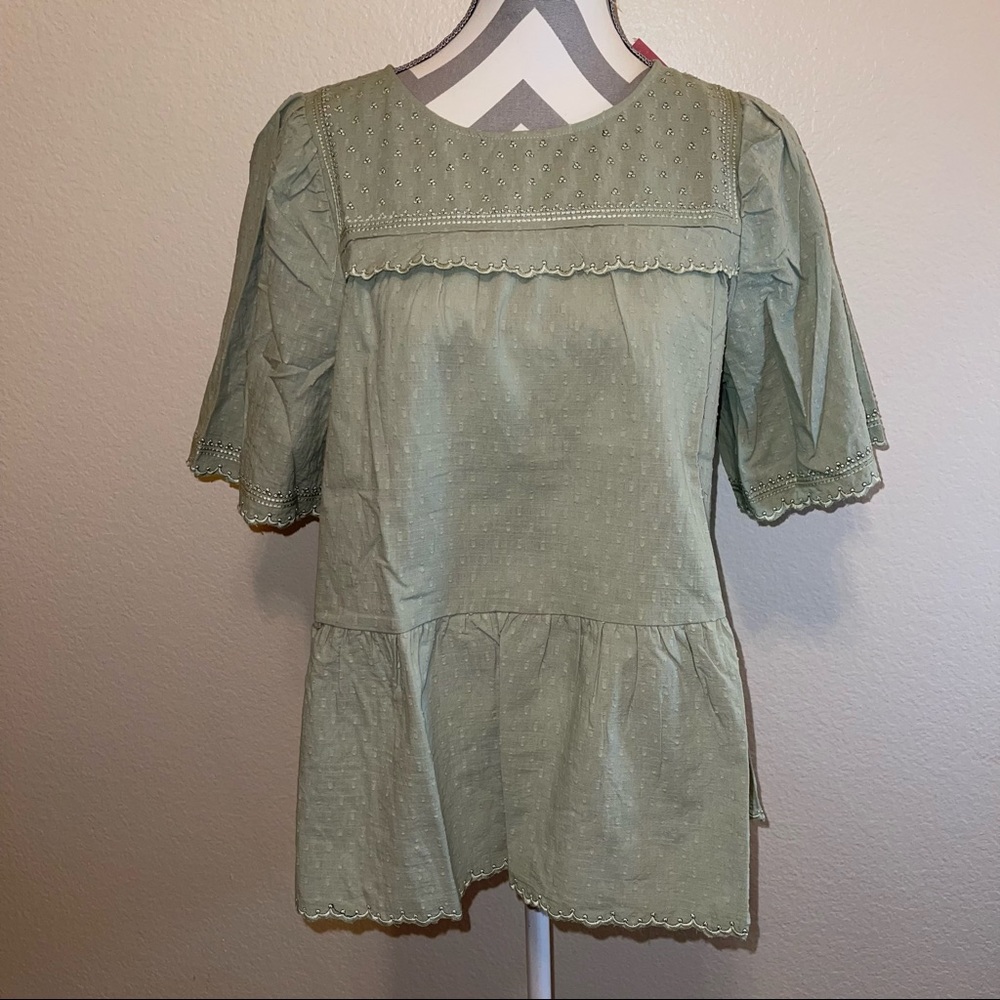 Sage Green Swiss Dotted Texture Cotton Scalloped Top Lurex Woven Detail S M L XL - Picture 9 of 14